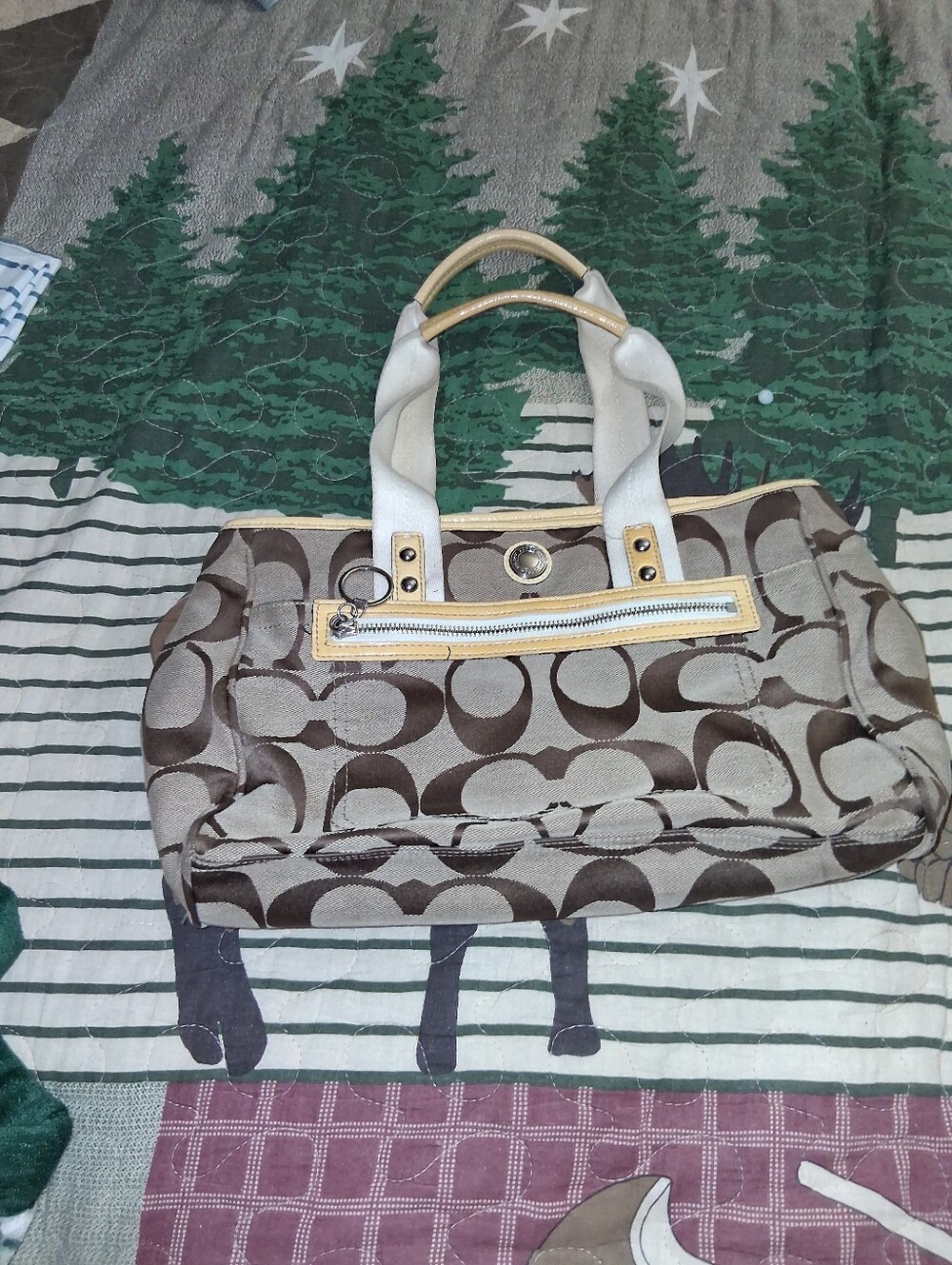 Printed Tote Bag with Beige and Brown Pattern